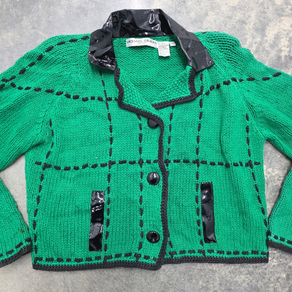 Vtg 1994 MICHAEL SIMON Green Black Patent Leather Trim Knit Jacket‎ Womens L